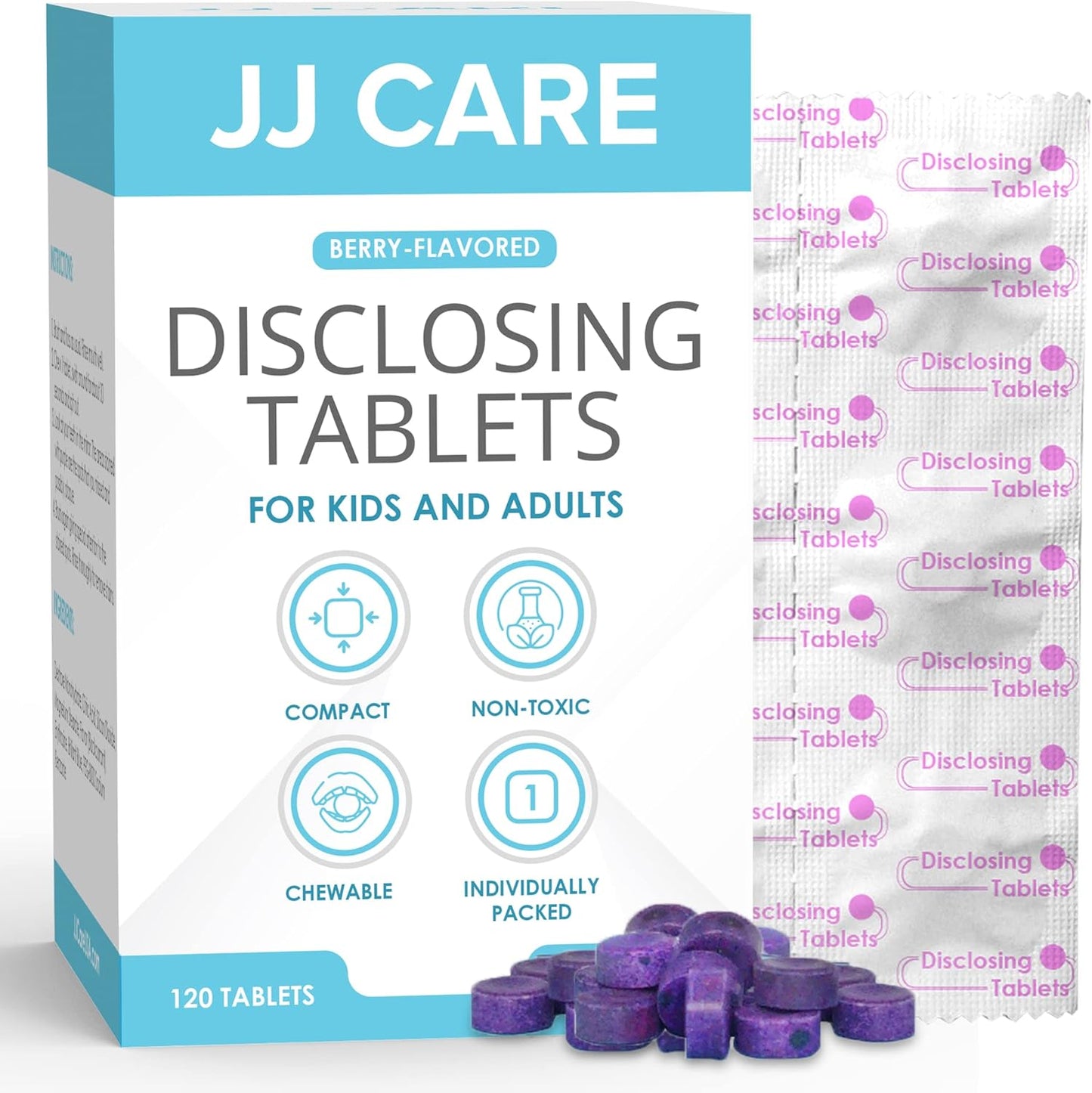 JJ Care Disclosing Tablets for Kids - 120 Count Plaque Disclosing Tablets, Berry Flavored Dental Plaque Tablets for Kids and Adults, Individually Wrapped Plaque Disclosing Tablets