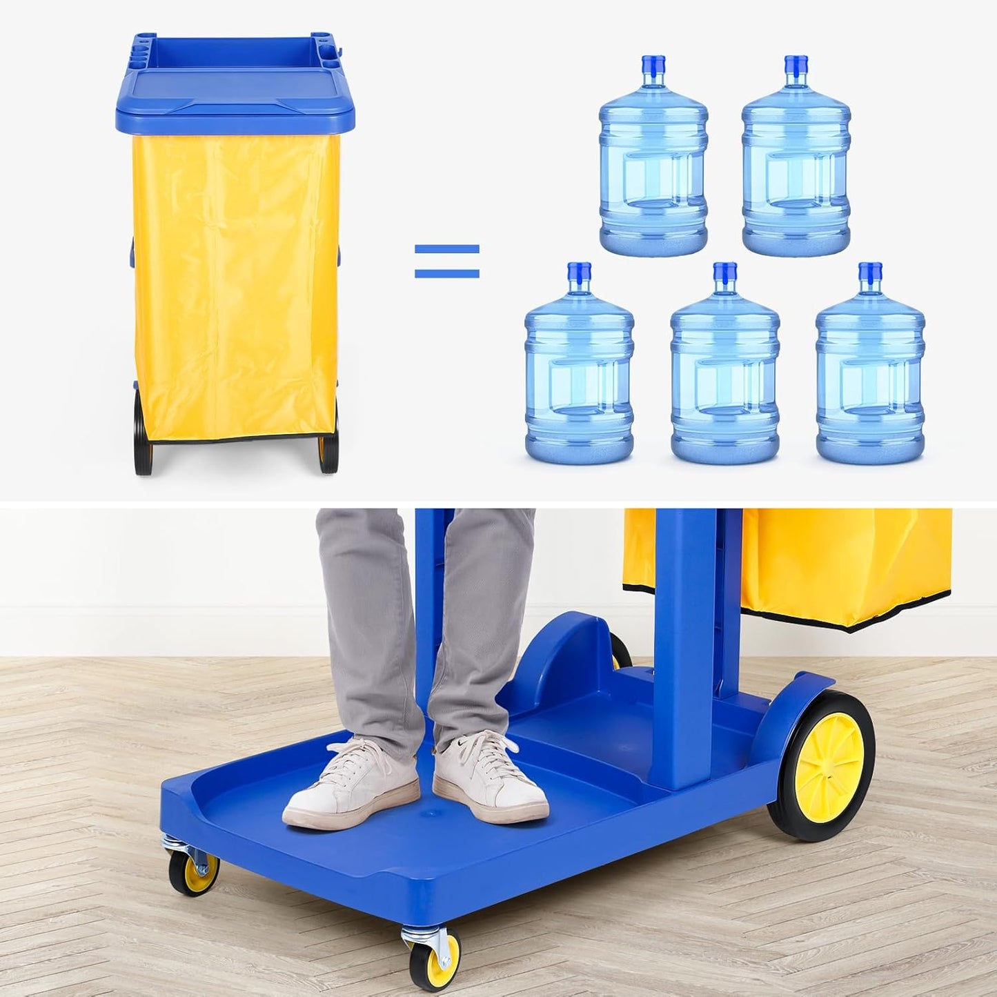 Commercial Janitorial Cart 3 Shelf, Housekeeping Janitor Cleaning cart, 200 Lbs Large Capacity Janitorial cart, Wheeled with 22 Gallon Yellow Vinyl Bag and Cover lid, Blue