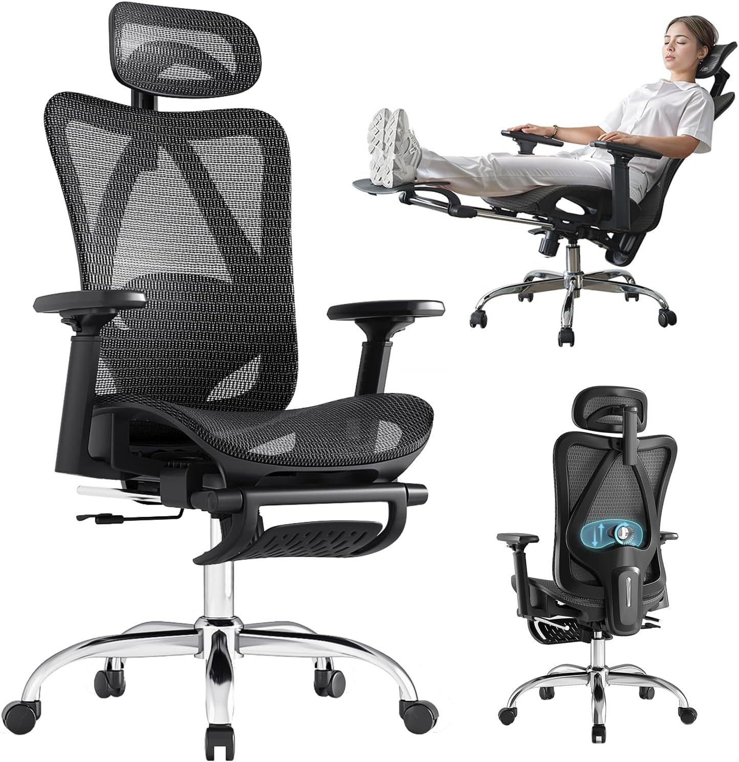 Ergonomic Office Chair, SGS Certified Gas Cylinder, 400 LBS Capacity,Office Chair with Adjustable Lumbar Support, Retractable Footrest, Mesh Office Chair Gaming Chair