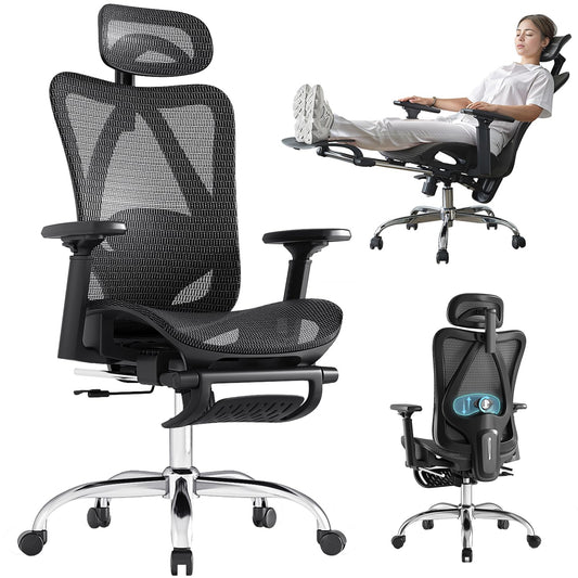 Ergonomic Office Chair, SGS Certified Gas Cylinder, 400 LBS Capacity,Office Chair with Adjustable Lumbar Support, Retractable Footrest, Mesh Office Chair Gaming Chair