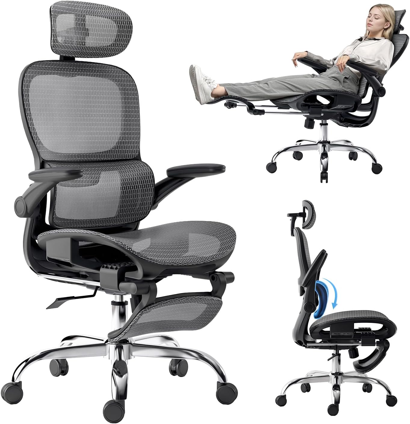 Ergonomic Office Chair,Office Chair with Tilt Function,Mesh Office Chair with Footrest,Ergonomic Chair with Adaptive Backrest, Adjustable Headrest,SGS Class 4 Gas Clylinder and Flip-Up Armrests