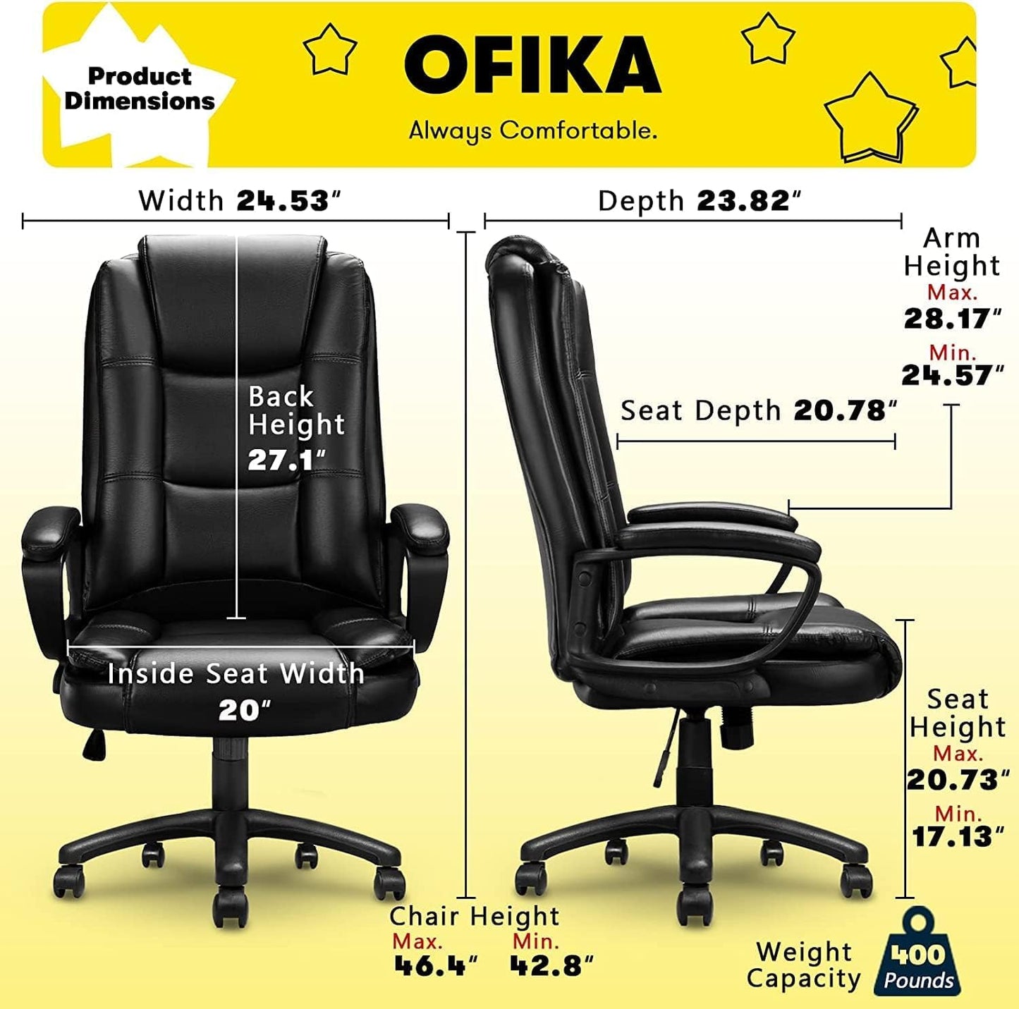 OFIKA Home Office Chair, 400LBS Big and Tall Chair Heavy Duty Design, Ergonomic High Back Cushion Lumbar Back Support, Computer Desk Chair, Adjustable Executive Leather Chair with Armrest