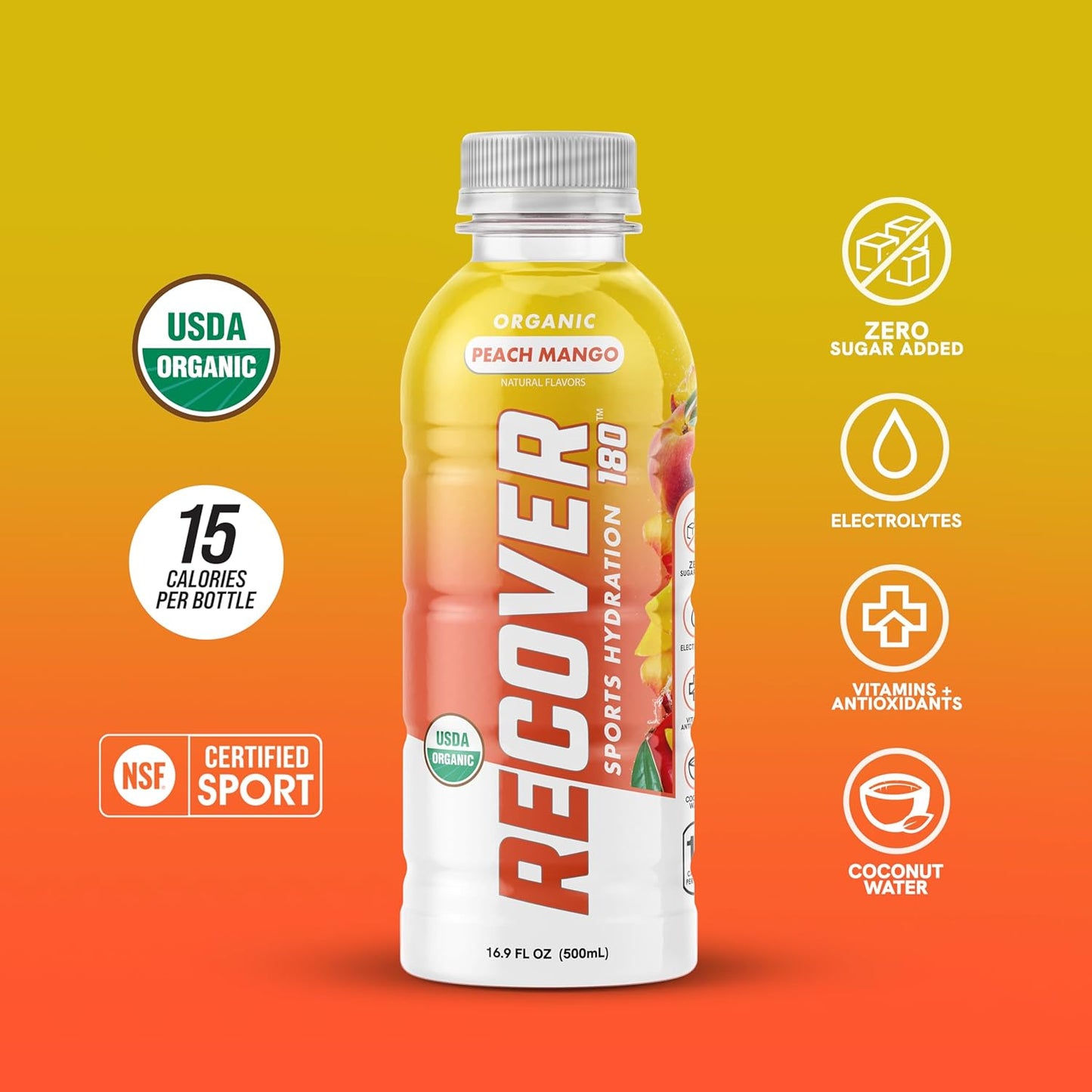 RECOVER 180 Organic Hydration Sports Drink, No Sugar Added, 15 Calorie Sports Beverage, Organic Flavors With Vitamins, Potassium-Packed Electrolytes (16.9 Fl Oz (Pack of 12), Peach Mango)