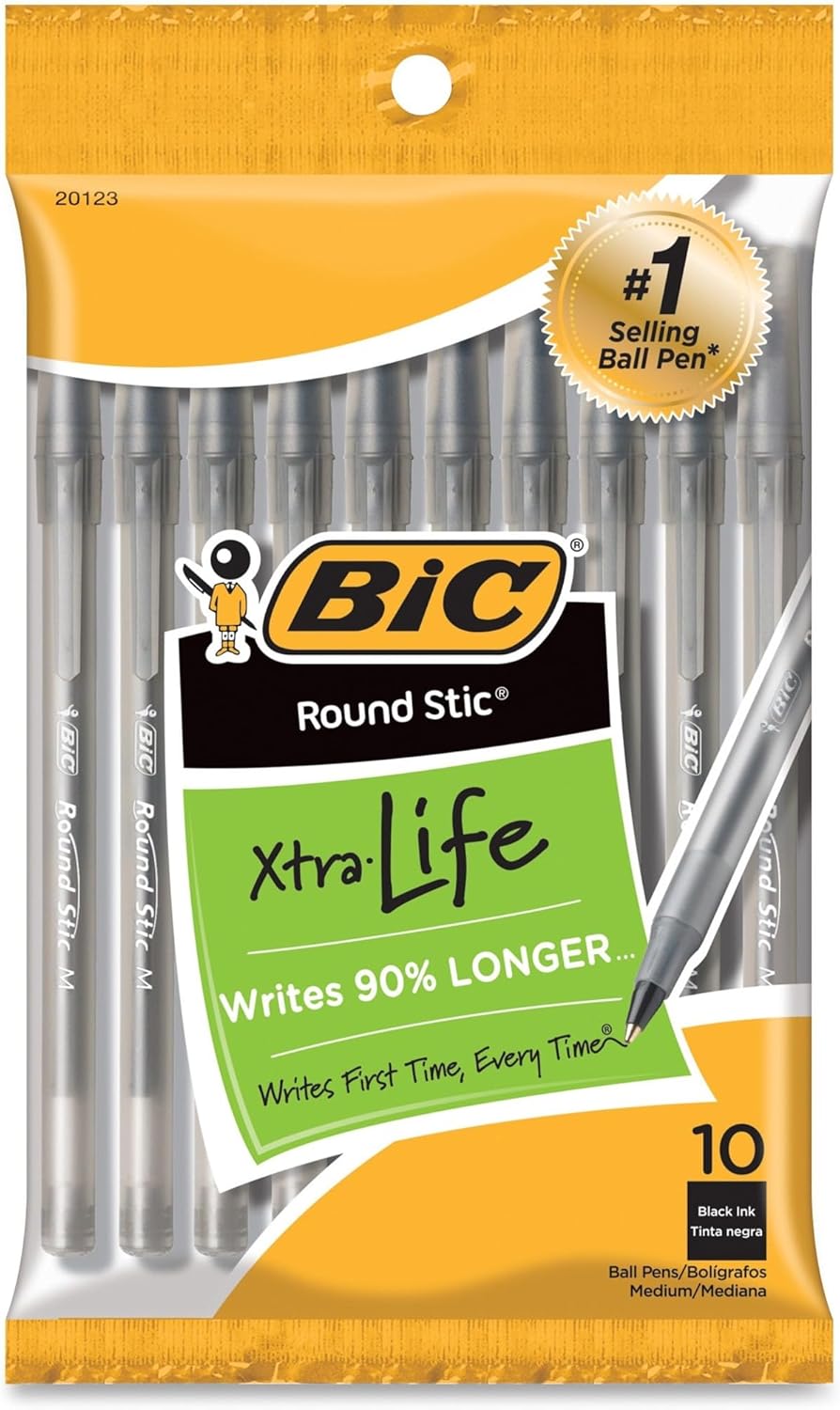 BIC Round Stic Xtra Life Ballpoint Pen, Medium Point (1.0mm), Black, 10-Count