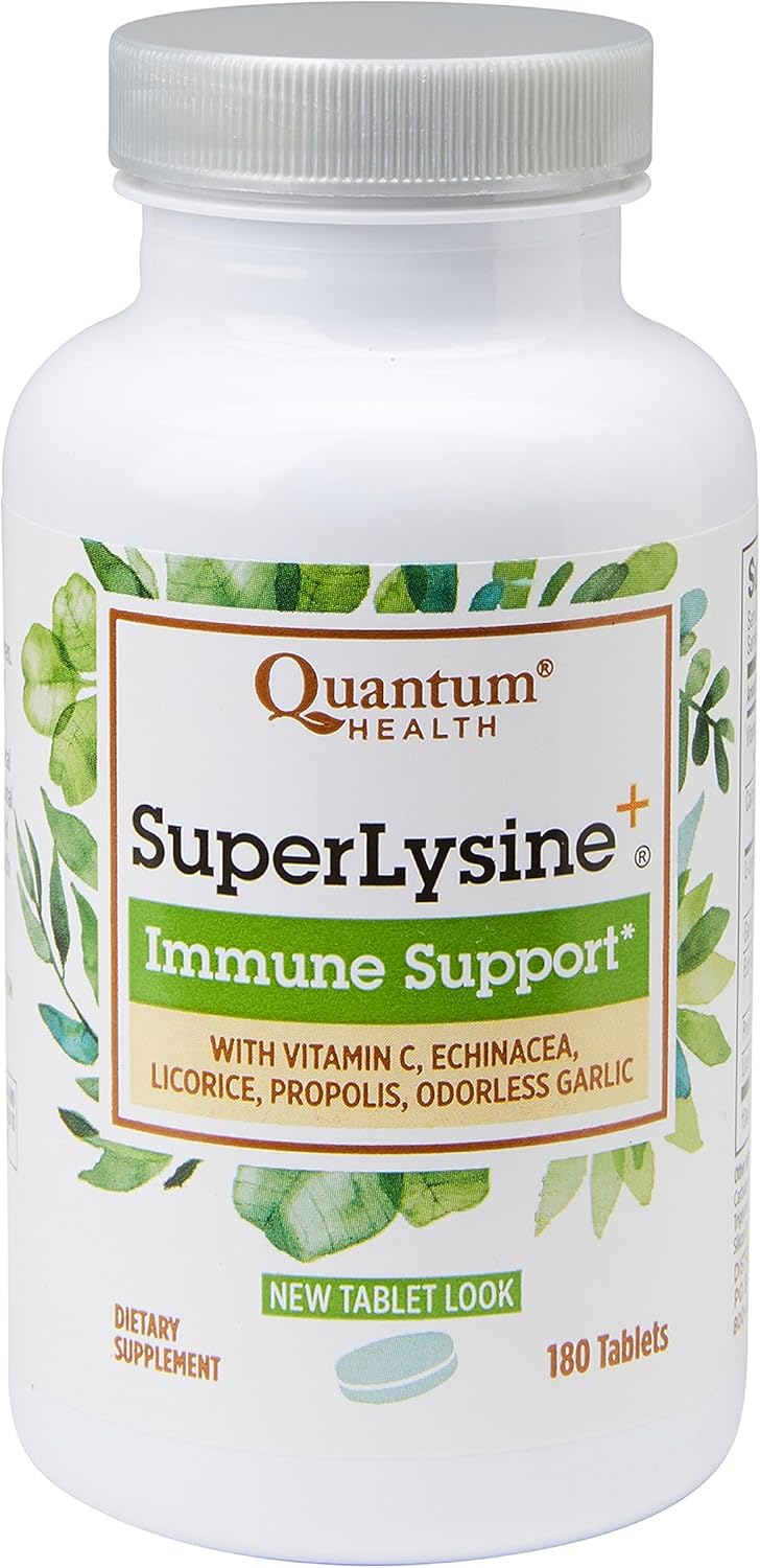 Quantum Health Super Lysine+ / Advanced Formula Lysine+ Immune Support with Vitamin C, Echinacea, Licorice, Propolis, Odorless Garlic (180 Tablets), Packaging may vary