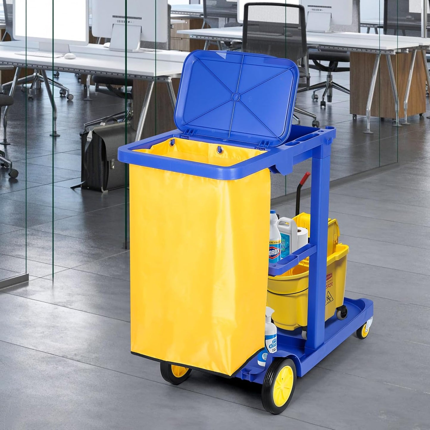 Commercial Janitorial Cart 3 Shelf, Housekeeping Janitor Cleaning cart, 200 Lbs Large Capacity Janitorial cart, Wheeled with 22 Gallon Yellow Vinyl Bag and Cover lid, Blue