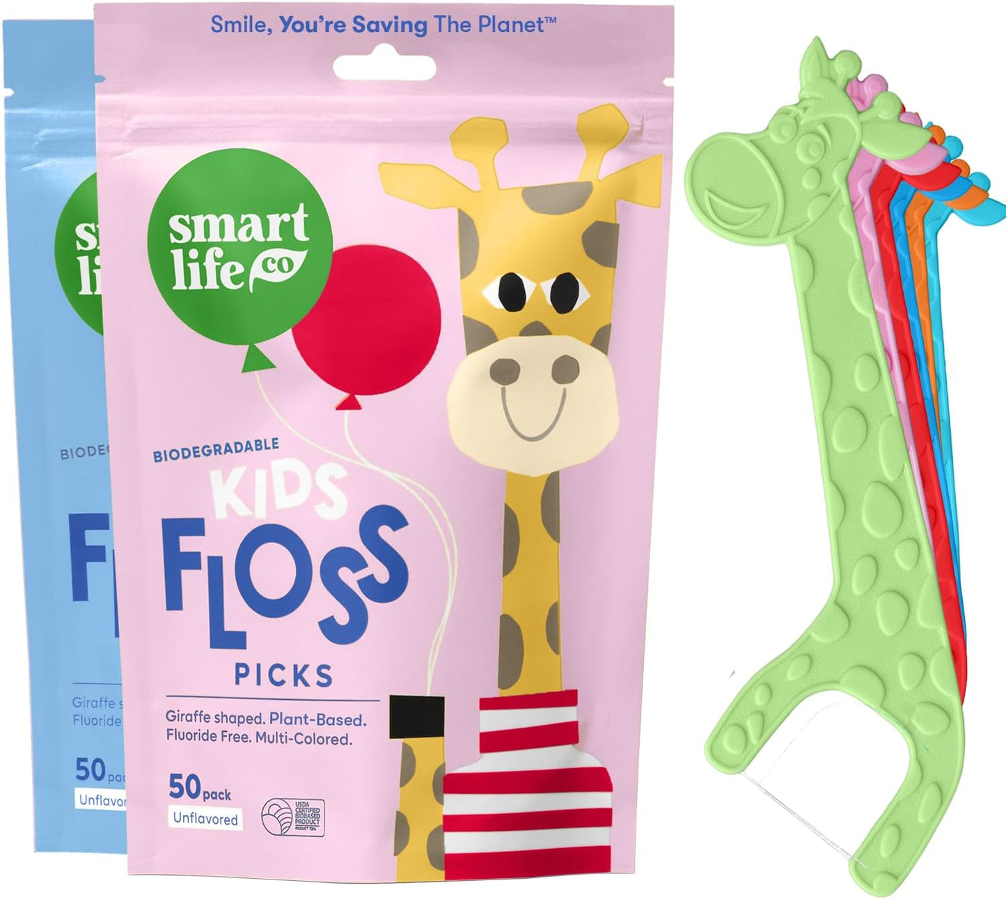 SMARTLIFECO Biodegradable Kids Flossers - Unflavored Dental Floss Picks for Children | Fluoride & Plant Based | Natural Fun Animal Flossing Sticks for Toddlers Teeth | Eco Friendly Compostable, 100pk