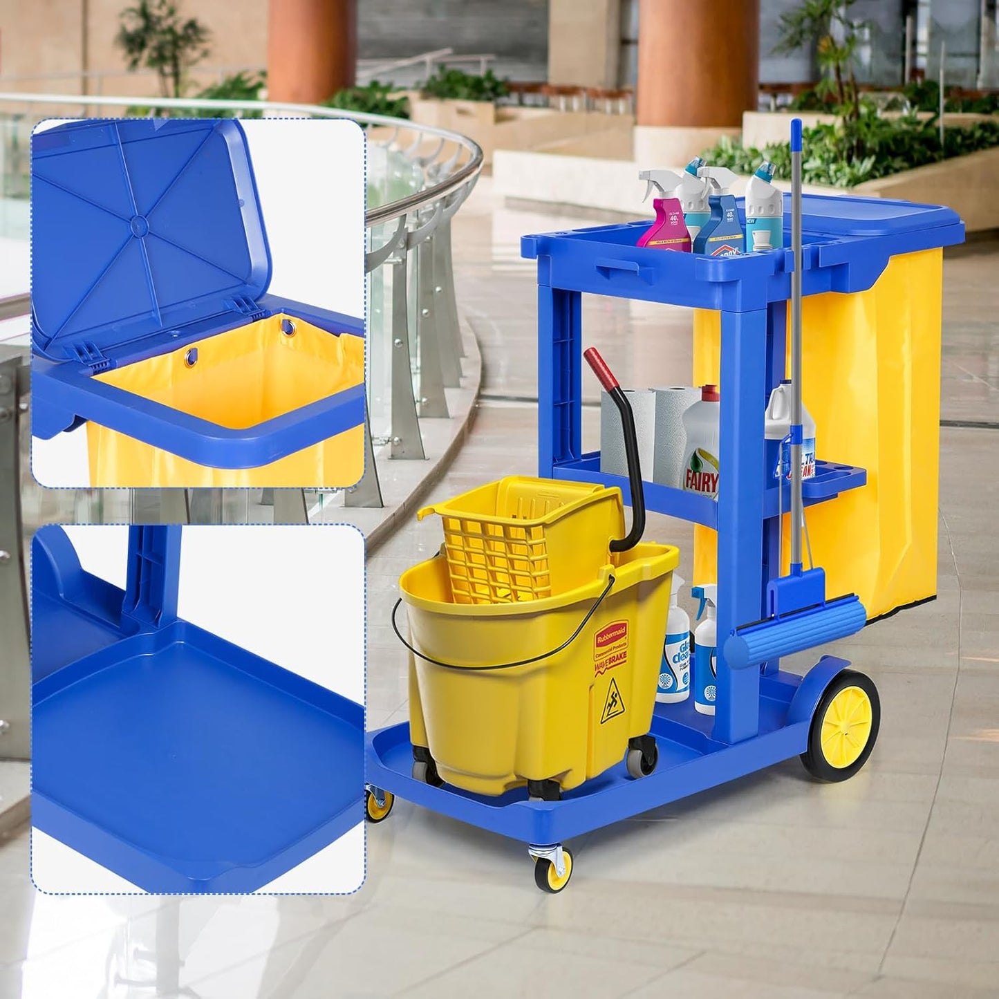 Commercial Janitorial Cart 3 Shelf, Housekeeping Janitor Cleaning cart, 200 Lbs Large Capacity Janitorial cart, Wheeled with 22 Gallon Yellow Vinyl Bag and Cover lid, Blue