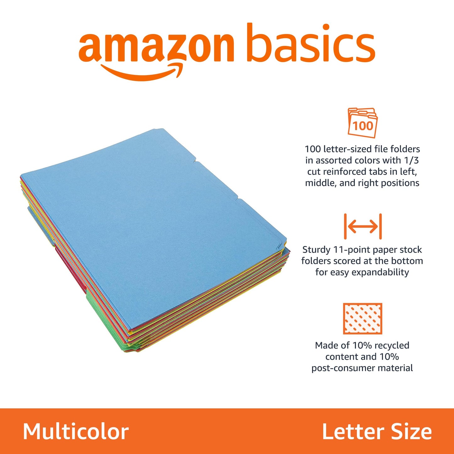 Amazon Basics 1/3-Cut Tab, Assorted Positions File Folders, Letter Size, Manila - Pack of 100