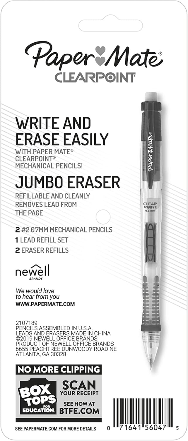 Paper Mate Clearpoint Mechanical Pencils 0.7mm, HB #2 Pencil Lead, 2 Pencils, School Supplies, Teacher Supplies, Drawing Pencils, Sketching Pencils, 1 Lead Refill Set, 2 Erasers