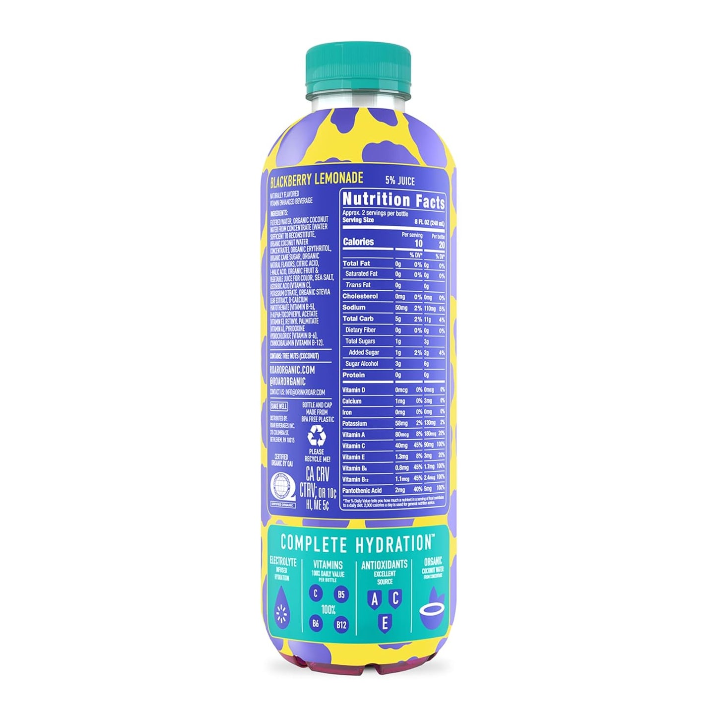 ROAR Complete Hydration Organic - Electrolyte Drinks Loaded with Vitamins C, B5, B12 - Non-GMO, Gluten-Free - Blackberry Lemonade - 12 pc