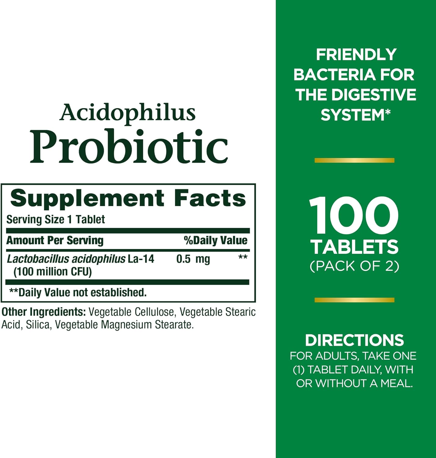 Nature's Bounty Acidophilus Probiotic, Daily Probiotic Supplement, Supports Digestive Health, Twin Pack, 100 Count (Pack of 2)