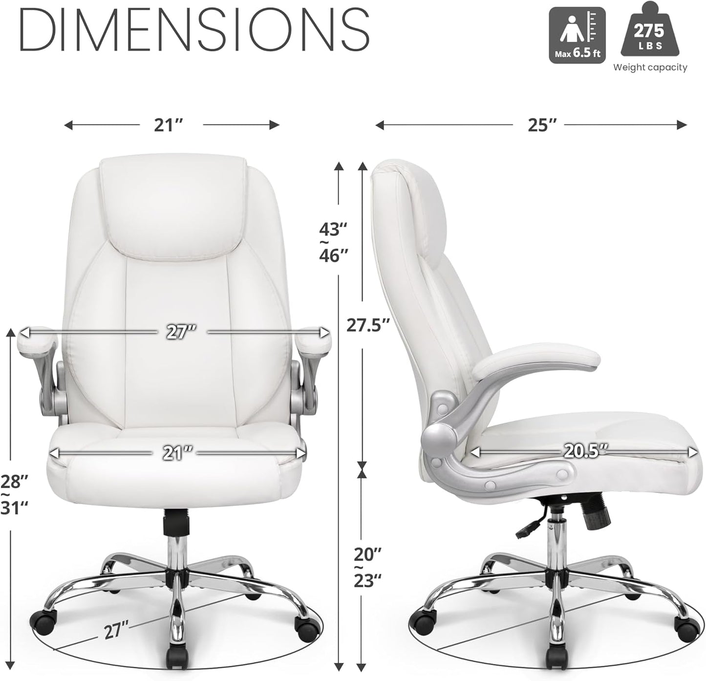 NEO CHAIR Ergonomic Office Chair PU Leather Executive Chair Padded Flip Up Armrest Computer Chair Adjustable Height High Back Lumbar Support Wheels Swivel for Gaming Desk Chair (White)