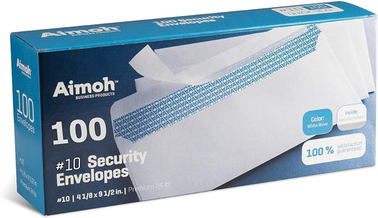 Security Tinted Self-Seal Envelopes - No Window - Size 4-1/8 X 9-1/2 Inches - White - 24 LB - 100 Count (34100)