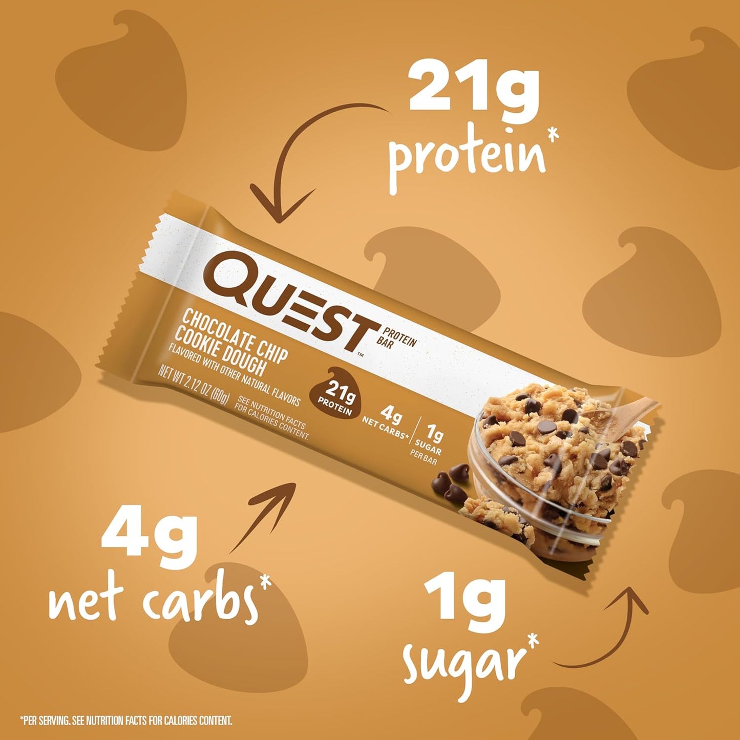 Quest Nutrition Chocolate Chip Dough Cookie Protein Bars, 21g Protein, 1g Sugar, 4g Net Carb, Gluten Free, Keto Friendy, 12 Count