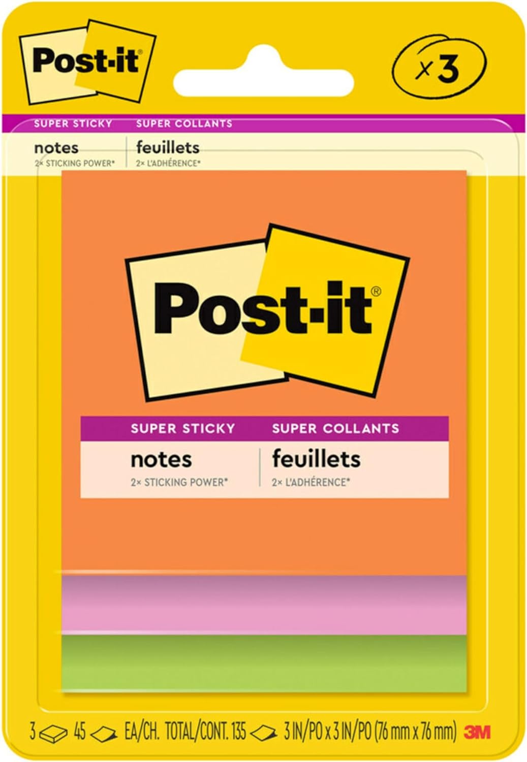 Post-it Super Sticky Notes, 3 Sticky Note Pads, 3 x 3 in., School Supplies for Students, Ideal for Textbooks, Notebooks, Walls and Vertical Surfaces, Energy Boost Collection