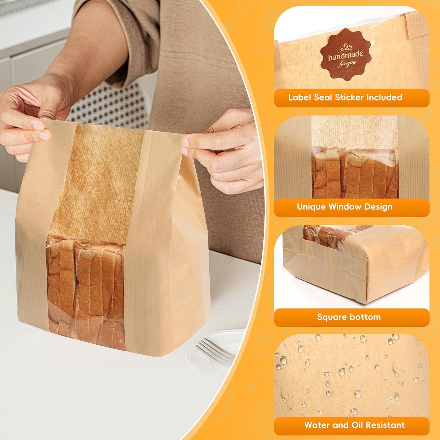 Funcoo 25 Pcs Paper Bread Bag for Home Bread Sourdough Bread Bakery Storage Bags with Window，Large Bakery Bread Loaf Bags for Baked Goods Packaging, Label Seal sticker included