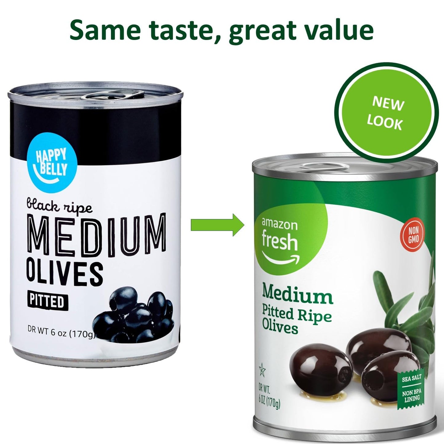 Amazon Fresh, Medium Pitted Ripe Olives, 6 Oz (Previously Happy Belly, Packaging May Vary)