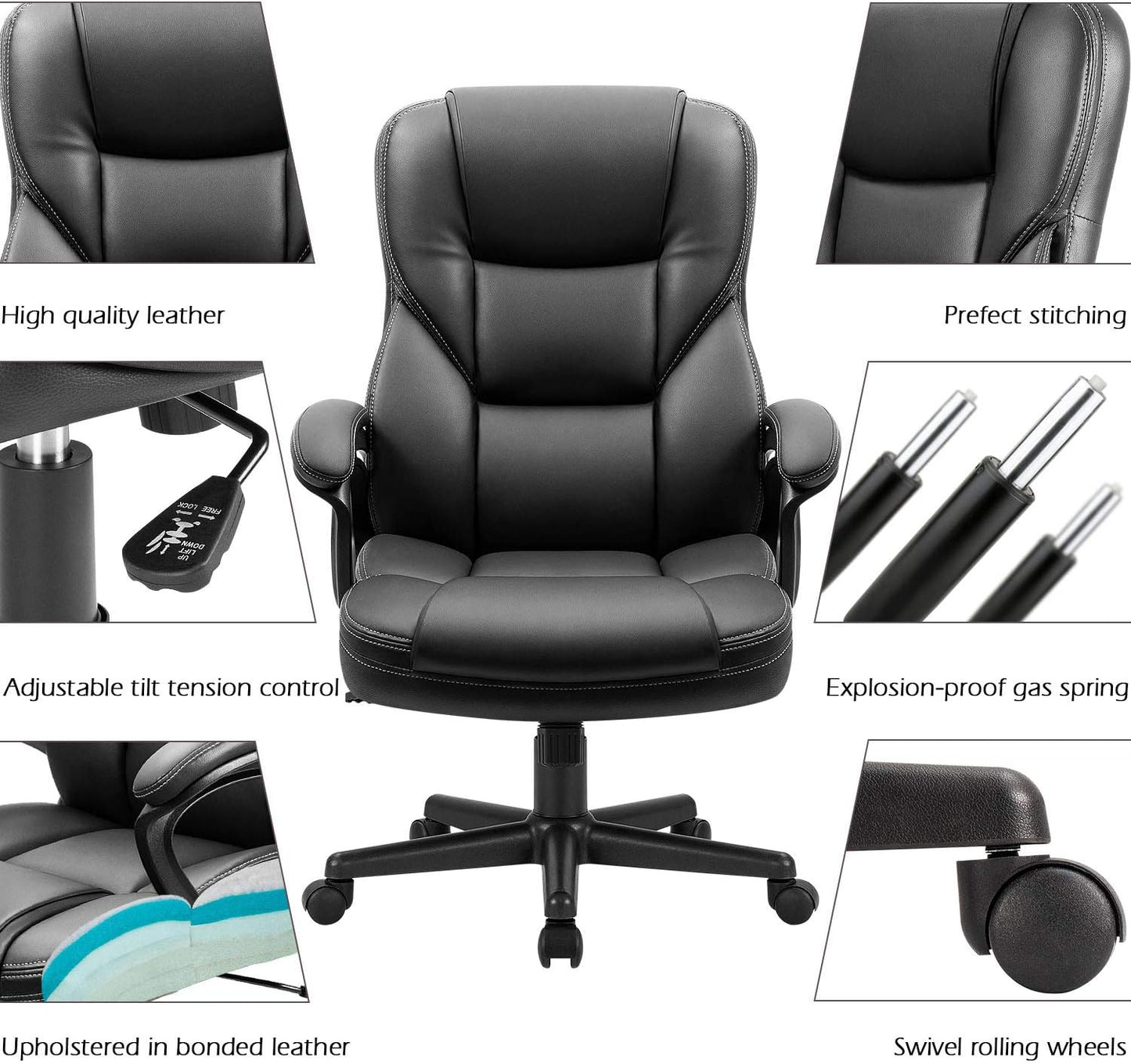 Furmax Office Executive Chair High Back Adjustable Managerial Home Desk Chair, Swivel Computer PU Leather Chair with Lumbar Support (Black)