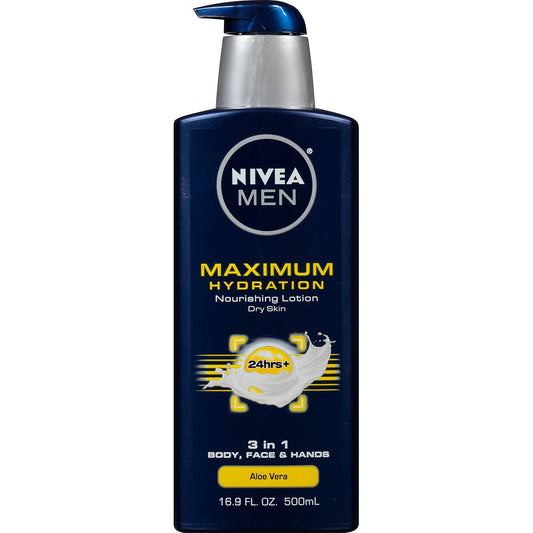 NIVEA MEN Maximum Hydration 3-in-1 Nourishing Body Lotion with Aloe Vera, Body Lotion for Men with Dry Skin, 16.9 Fl Oz Bottle