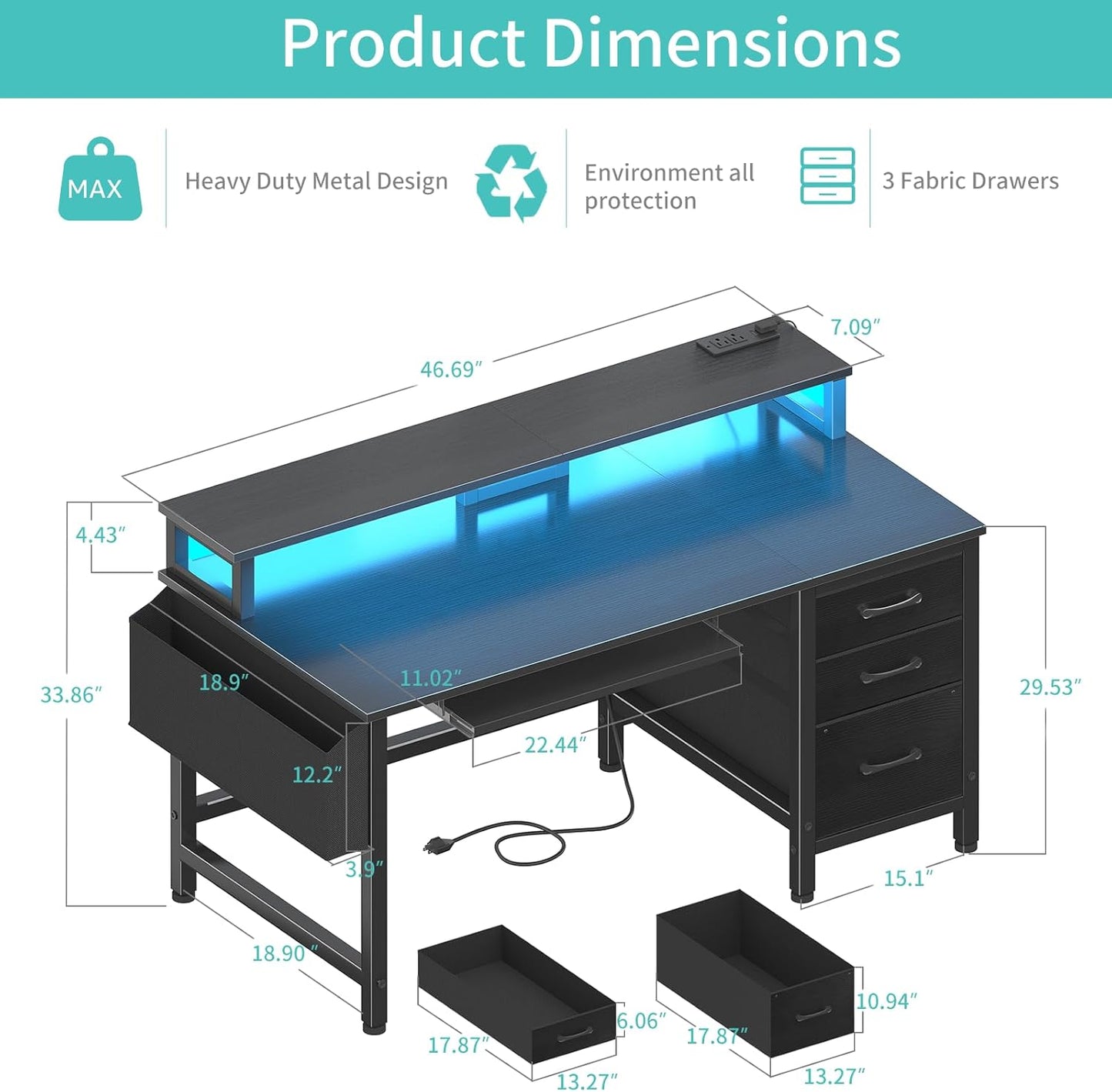 Lufeiya Gaming Desk with LED Lights and Power Outlets, 47 Inch Home Office Desks with Keyboard Tray, Computer Desk with File Drawers Cabinet, Writing Table PC Desks with Monitor Stand, Black