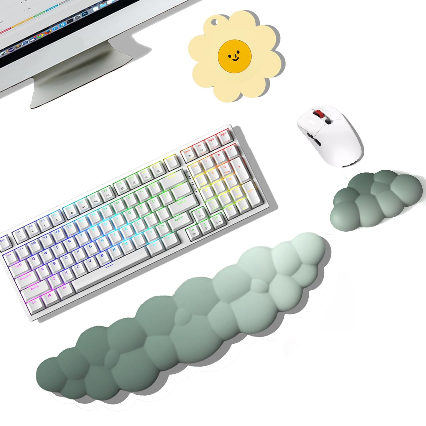 Keyboard Wrist Rest Pad, Ergonomic Design Effective Wrist Pain Relief Arm Rest Desk, Cute Cloud Decoration Gift for Office, Study, Computer Game Table Mouse Accessories (Green+White)