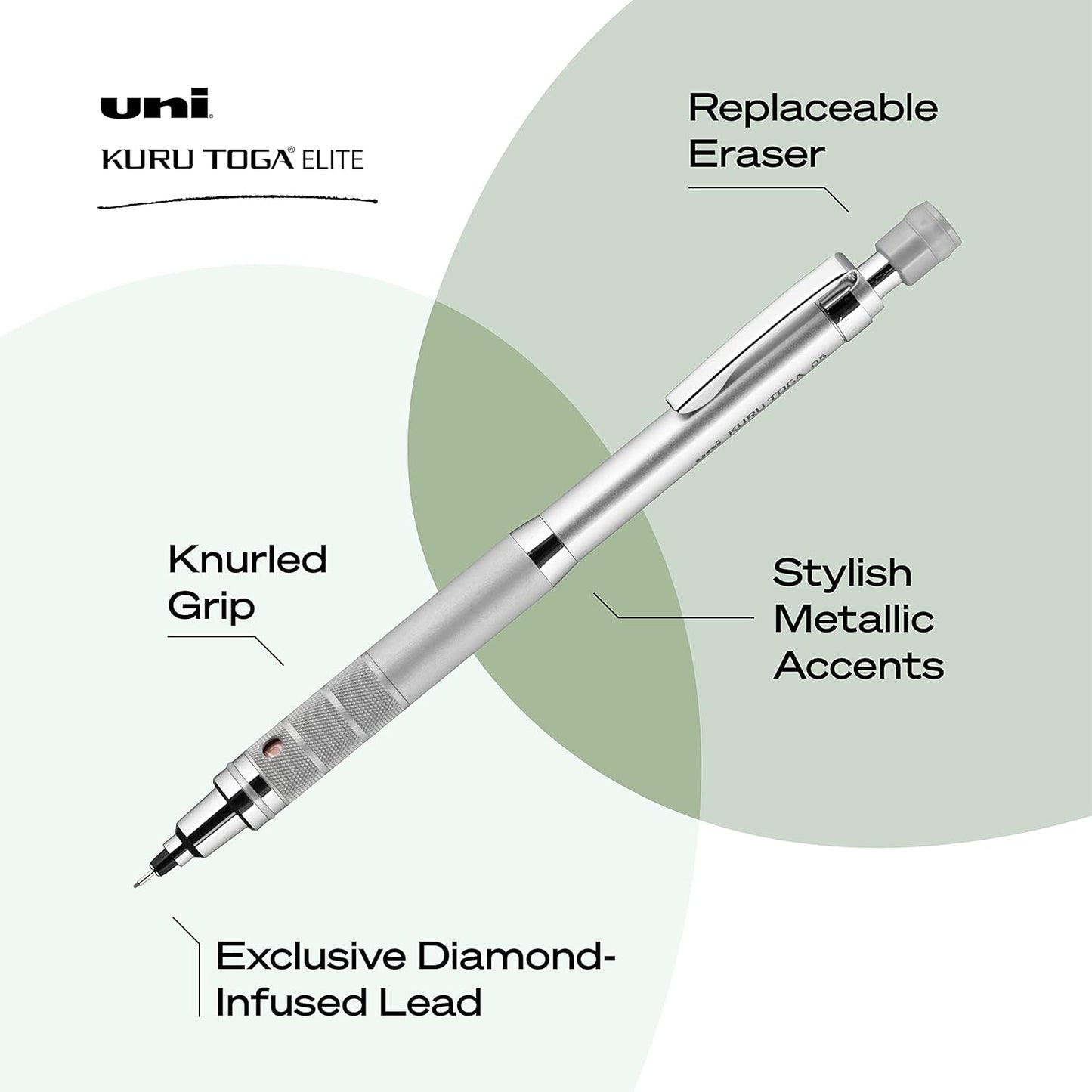 Uniball Kuru Toga Elite - Mechanical Pencil Starter Kit - Silver Barrel, 0.5mm Tip, 60 Lead Refills, and 5 Pencil Eraser Refills, HB #2 - Office & School Supplies, School Pens, Drafting(Pack of 1)