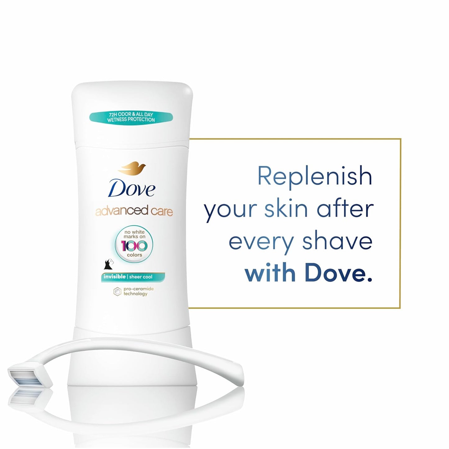 Dove Advanced Care Antiperspirant Deodorant Stick Sheer Cool Anti-stain antiperspirant deodorant for soft underarms All-day sweat and 72-hour odor protection 2.6 oz