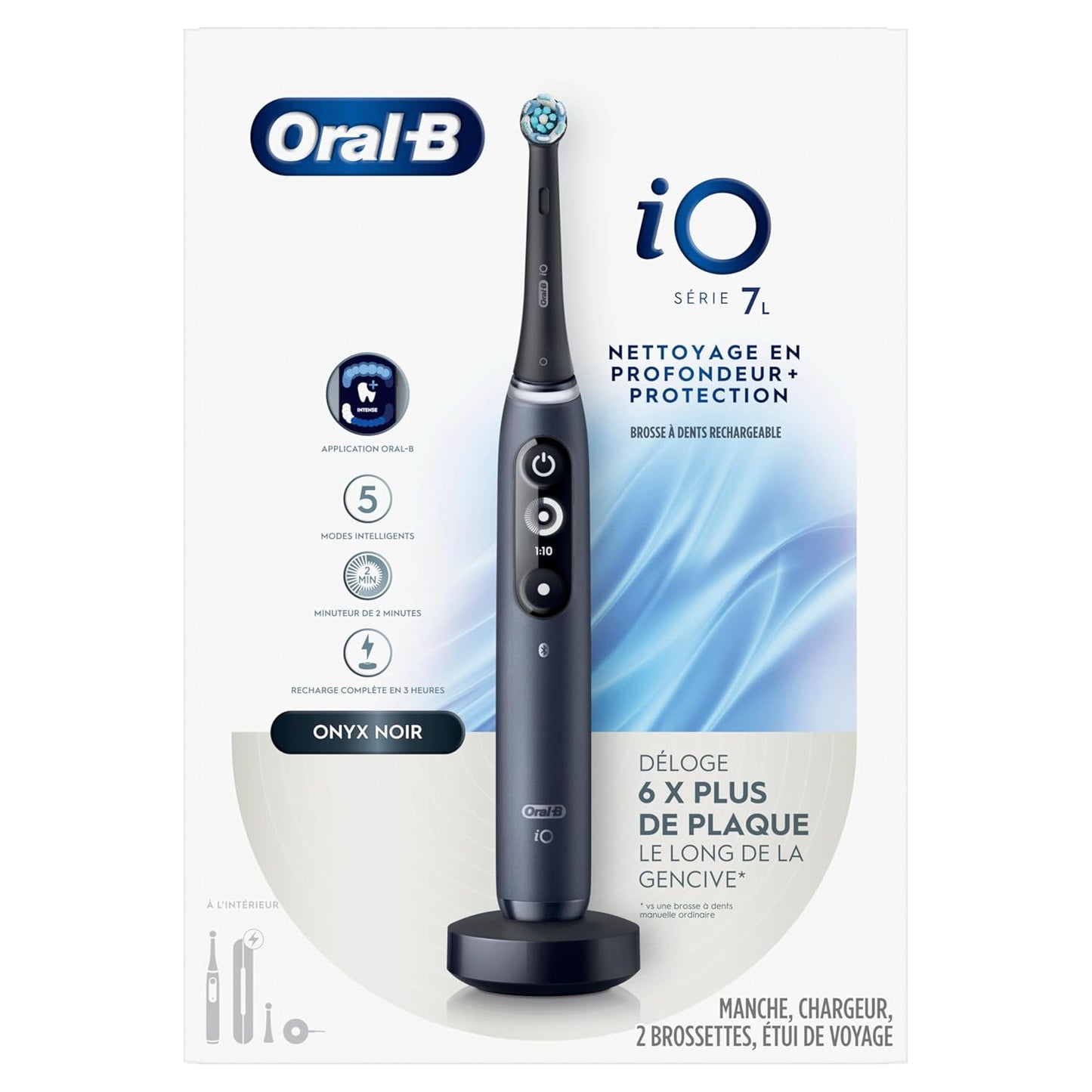 Oral-B iO Deep Clean + Protect Rechargeable Electric Toothbrush, Black with a iO Series 7 Toothbrush, 2 Replacement Brush Heads, and a Charging Travel Case