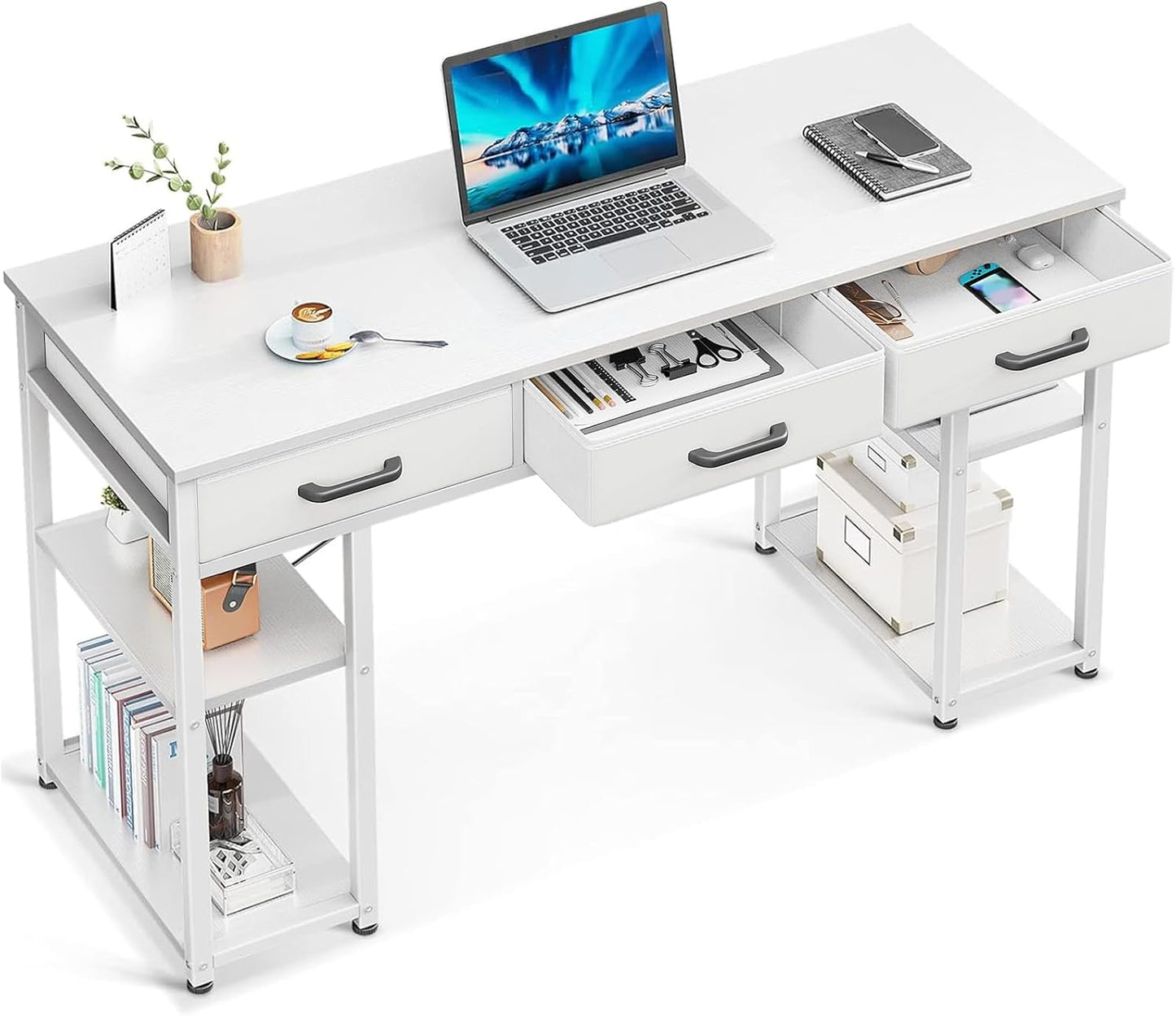 ODK Office Small Computer Desk: Home Table with Fabric Drawers & Storage Shelves, Modern Writing Desk, White, 48"x16"