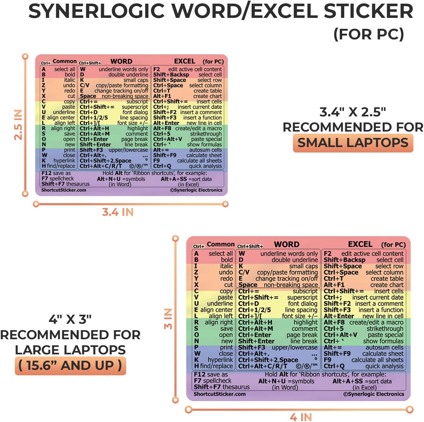 Synerlogic Word/Excel Windows Shortcut Sticker | Reference Guide Keyboard Shortcut Sticker | Work from Home Essentials | Excel Shortcuts Cheat Sheet Laminated No-Residue Vinyl (Rainbow/Small, 1pc)