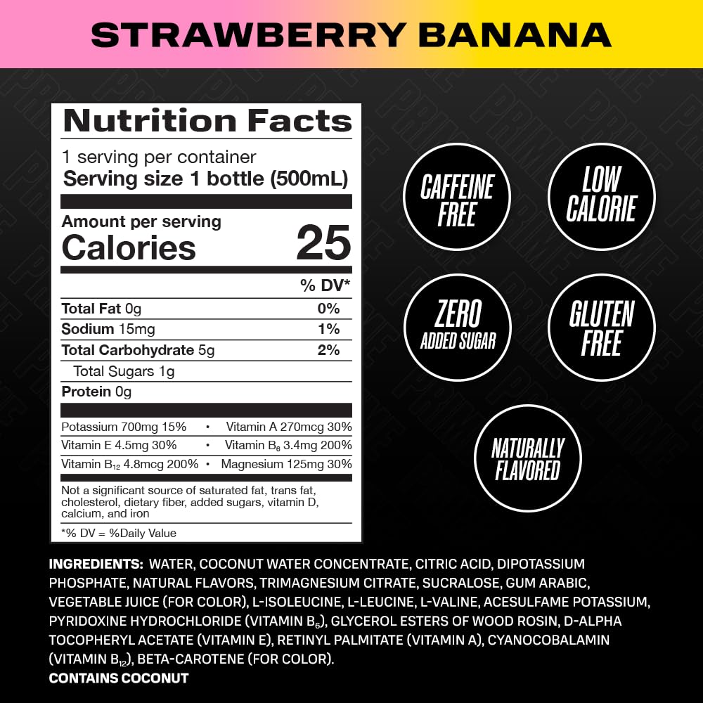 PRIME Hydration STRAWBERRY BANANA | Sports Drinks | Electrolyte Enhanced for Ultimate Hydration | 250mg BCAAs | B Vitamins | Antioxidants | 1g Of Sugar | 16.9 Fluid Ounce | 12 Pack