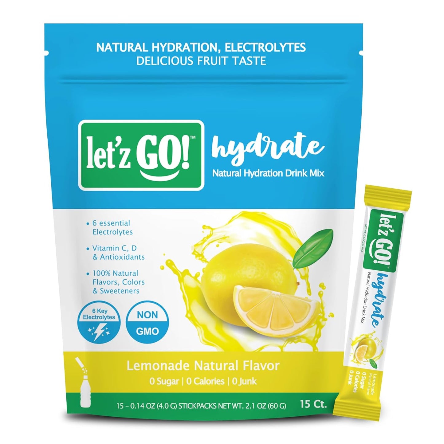 Let'z Go! Hydrate- Natural Hydration + Electrolyte Drink Mix- Hydration + Electrolytes + Antioxidant Powder Packets, Natural Flavors, Vitamins C + D | No Sugar | No Calories | (15 Count) Lemonade