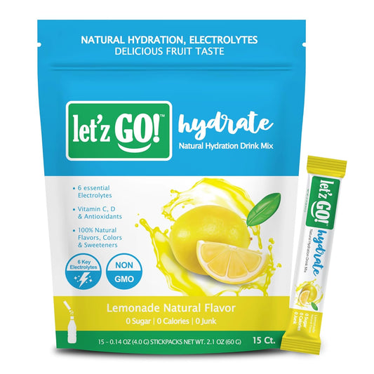 Let'z Go! Hydrate- Natural Hydration + Electrolyte Drink Mix- Hydration + Electrolytes + Antioxidant Powder Packets, Natural Flavors, Vitamins C + D | No Sugar | No Calories | (15 Count) Lemonade