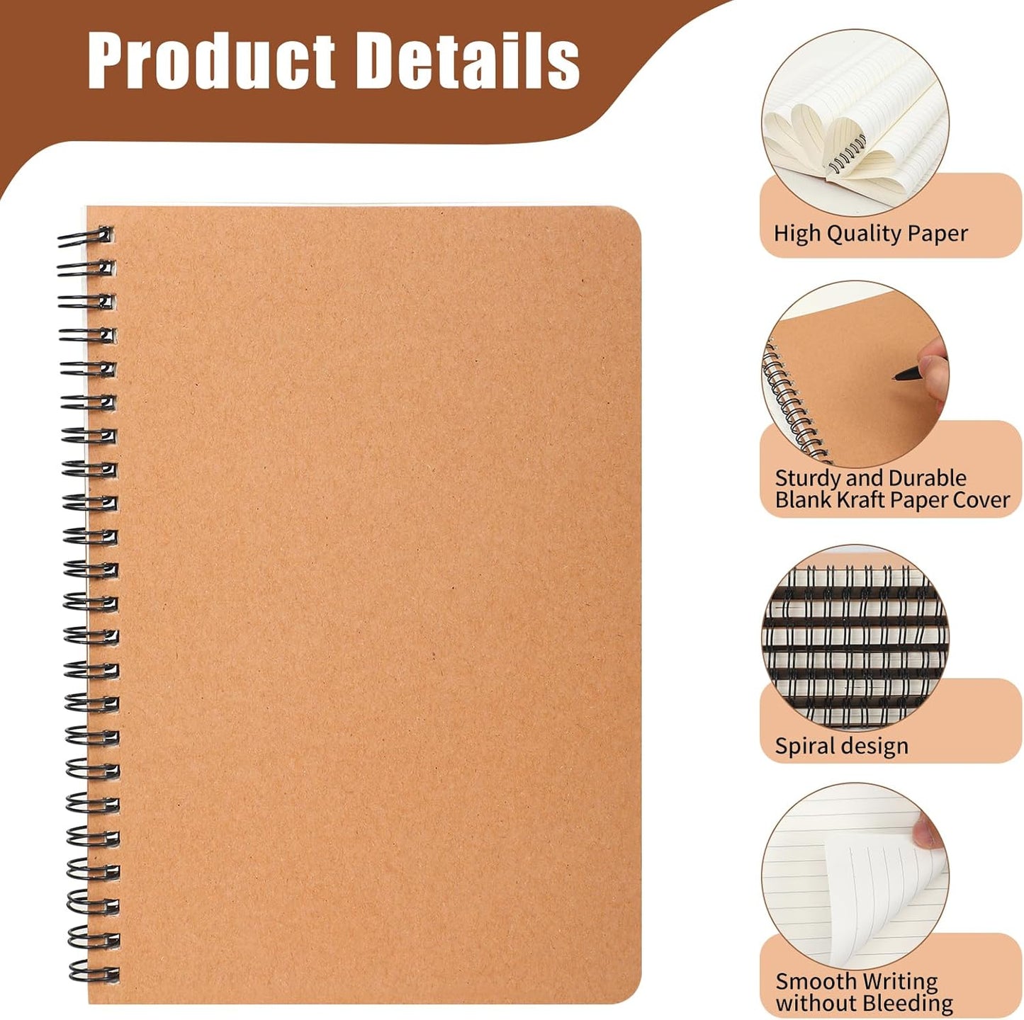 60 Packs A5 Spiral Lined Notebooks, Kraft Paper Cover, 8.3"×5.5", 60 Sheets/120 Pages, Ruled Notebooks Bulk, Hardcover Journal Notepad Travel Notebooks for Office and School Supplies