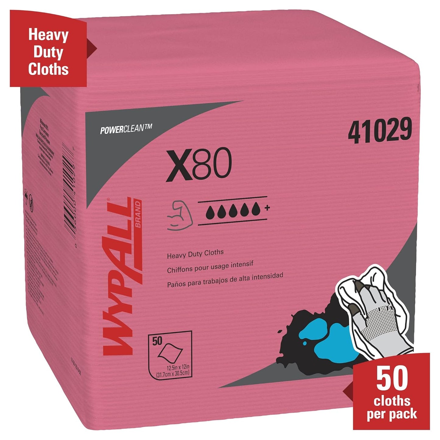 WypAll Power Clean X80 Heavy Duty Cloths (41029), Extended Use Cloths Quarter-fold Format, Red, 50 Sheets / Pack; 4 Packs / Case; 200 Folded Sheets / Case