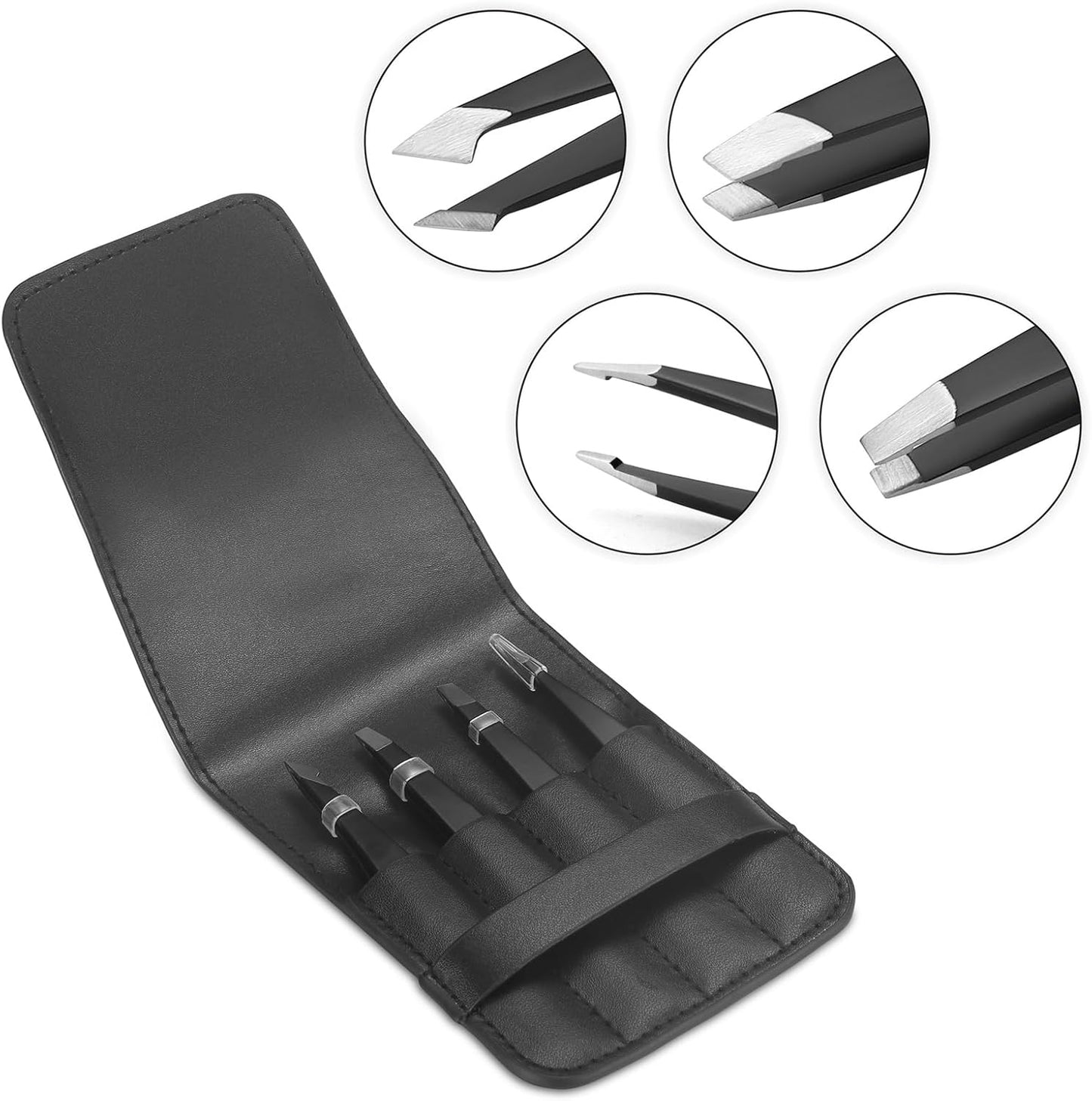 Pefei Tweezers Set - Professional Stainless Steel Tweezers for Eyebrows - Great Precision for Facial Hair, Splinter and Ingrown Hair Removal (Black)