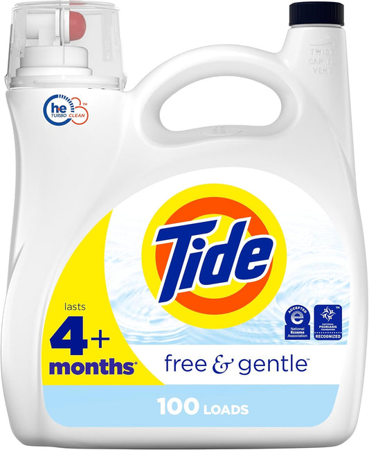 Tide Free & Gentle Laundry Detergent Liquid, HE Compatible, 100 Loads, 132 fl oz Hypoallergenic Laundry Detergent for Sensitive Skin