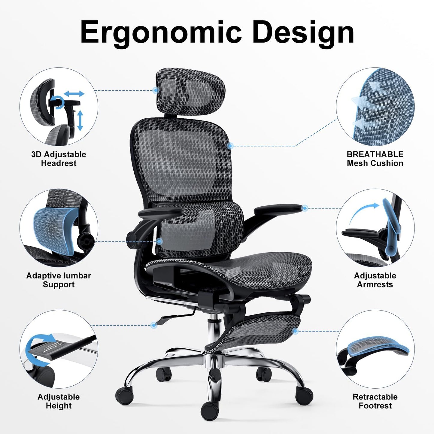 Ergonomic Office Chair,Office Chair with Tilt Function,Mesh Office Chair with Footrest,Ergonomic Chair with Adaptive Backrest, Adjustable Headrest,SGS Class 4 Gas Clylinder and Flip-Up Armrests