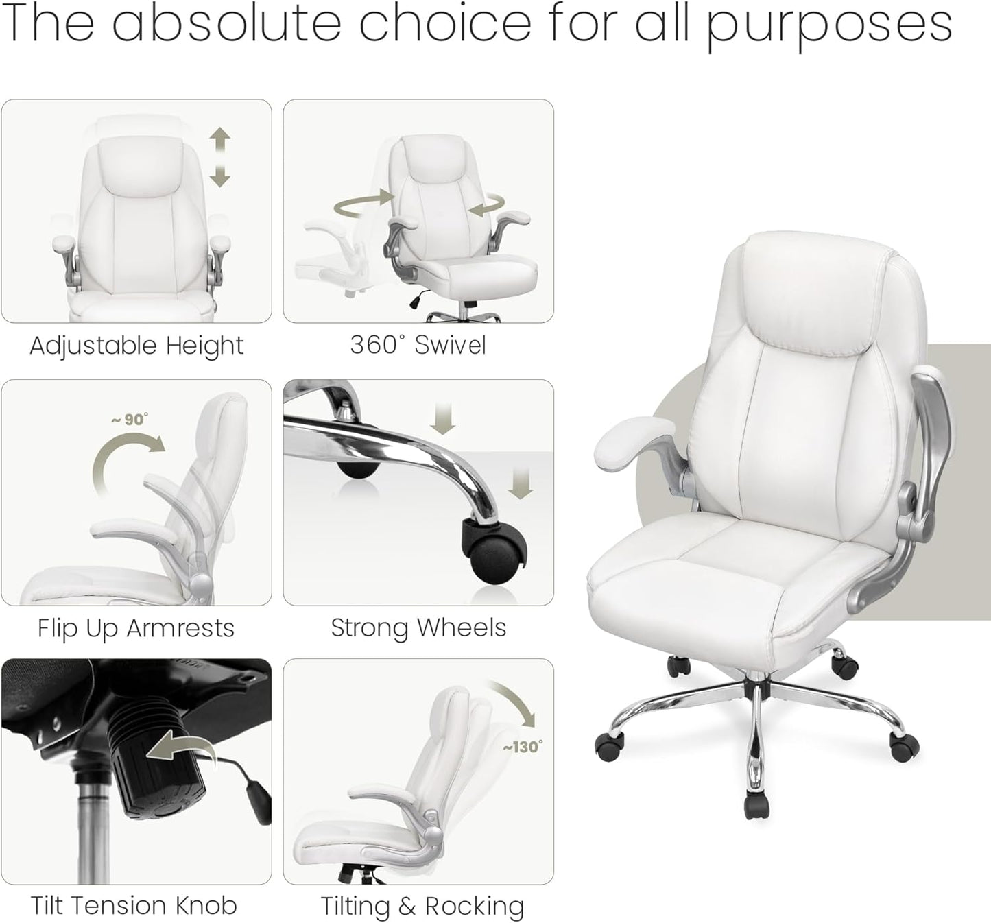 NEO CHAIR Ergonomic Office Chair PU Leather Executive Chair Padded Flip Up Armrest Computer Chair Adjustable Height High Back Lumbar Support Wheels Swivel for Gaming Desk Chair (White)