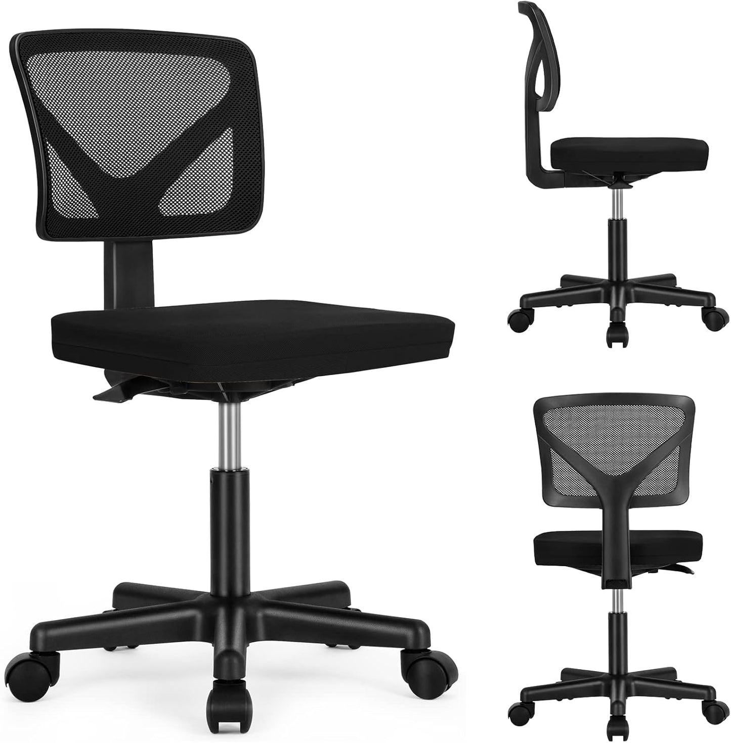 Sweetcrispy Armless Desk Chairs, Ergonomic Low Back Computer Chair No Arms, Adjustable Rolling Mesh Task Work Swivel Chairs with Wheels Work Vanity Chair for Small Spaces Home Bedroom Study, Black