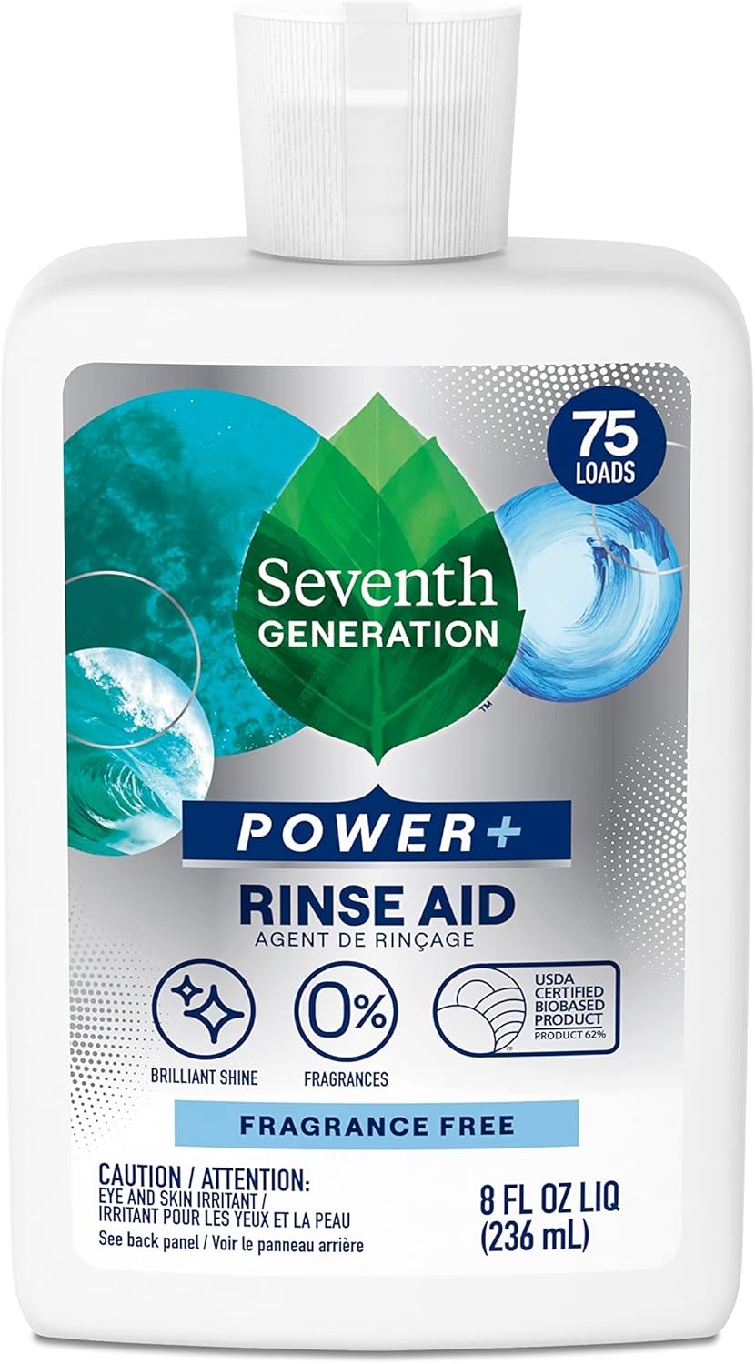 Seventh Generation Power+ Dishwasher Rinse Aid, Fragrance Free, 8 fl oz, (Pack of 9)