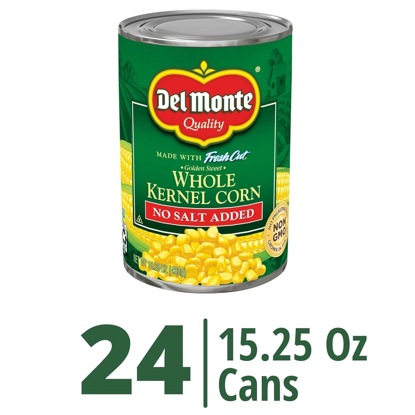 Del Monte Canned Golden Sweet Whole Kernel Corn No Salt Added, 15.25 Ounce (Pack of 24) Canned Corn