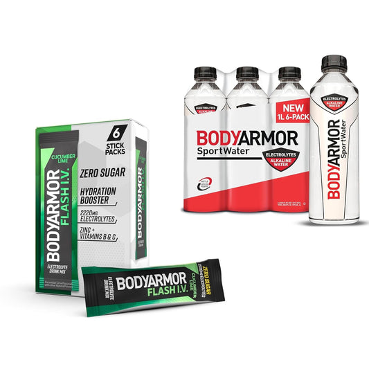 BODYARMOR Rapid Rehydration Bundle - Flash IV Electrolyte Packet + Sportwater Alkaline Water - Sport Drink Mix Combo