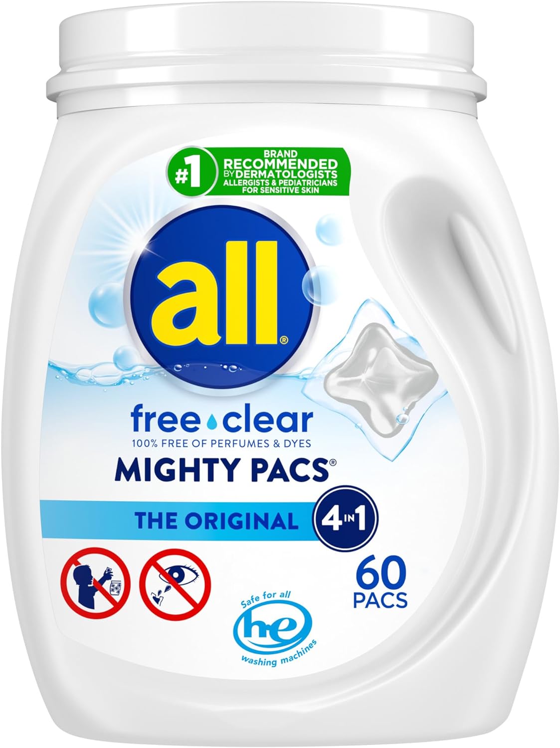 All Mighty Pacs Laundry Detergent, Free Clear for Sensitive Skin, Tub, 60 Count