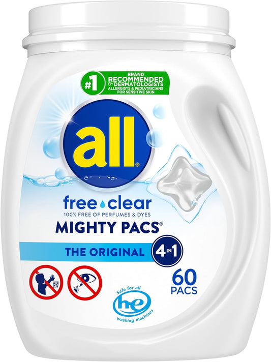 All Mighty Pacs Laundry Detergent, Free Clear for Sensitive Skin, Tub, 60 Count