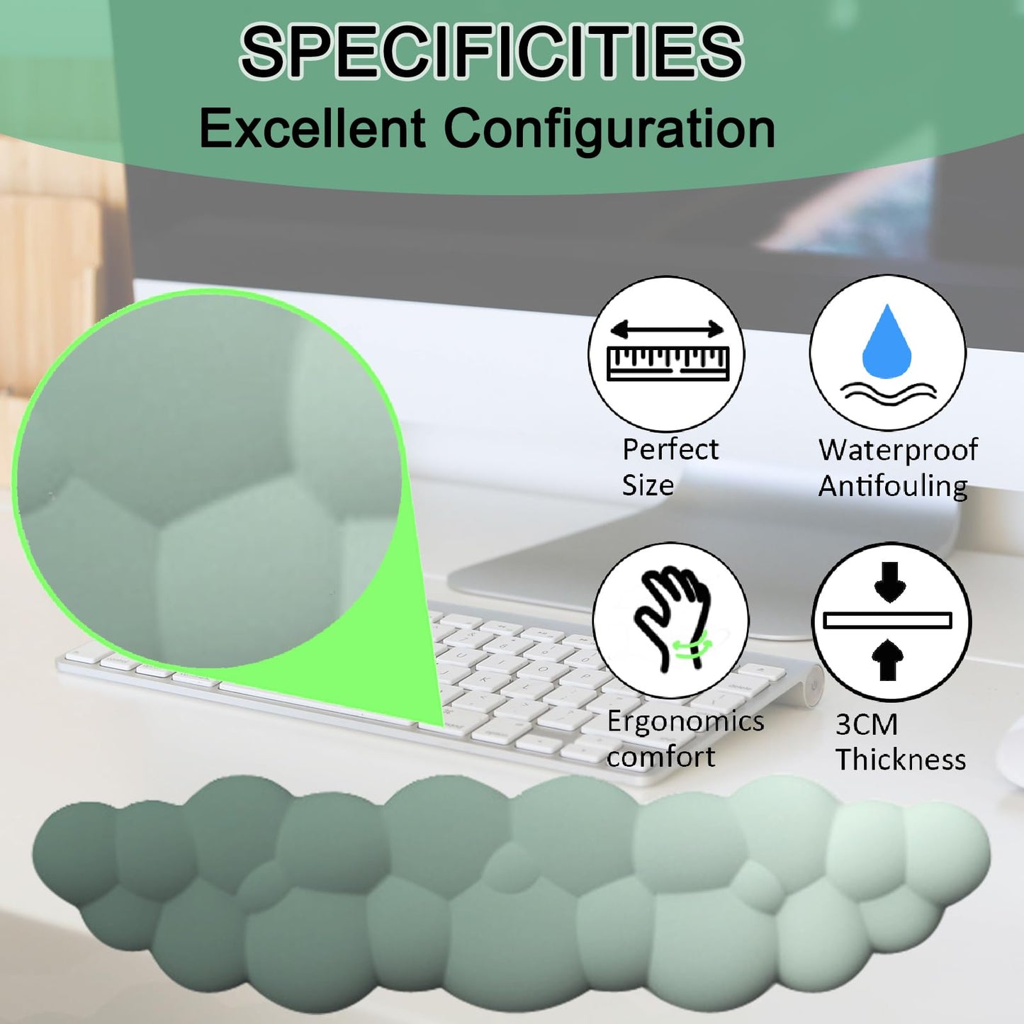 Keyboard Wrist Rest Pad, Ergonomic Design Effective Wrist Pain Relief Arm Rest Desk, Cute Cloud Decoration Gift for Office, Study, Computer Game Table Mouse Accessories (Green+White)