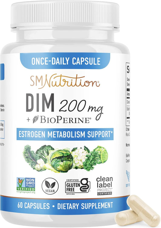 DIM Supplement 200 mg | Estrogen Balance for Women & Men | Hormone Balance, Hormonal Acne Support, Menopause Support, Antioxidant Support | Clean Label Project Certified, Vegan, Soy Free | 60 Ct.