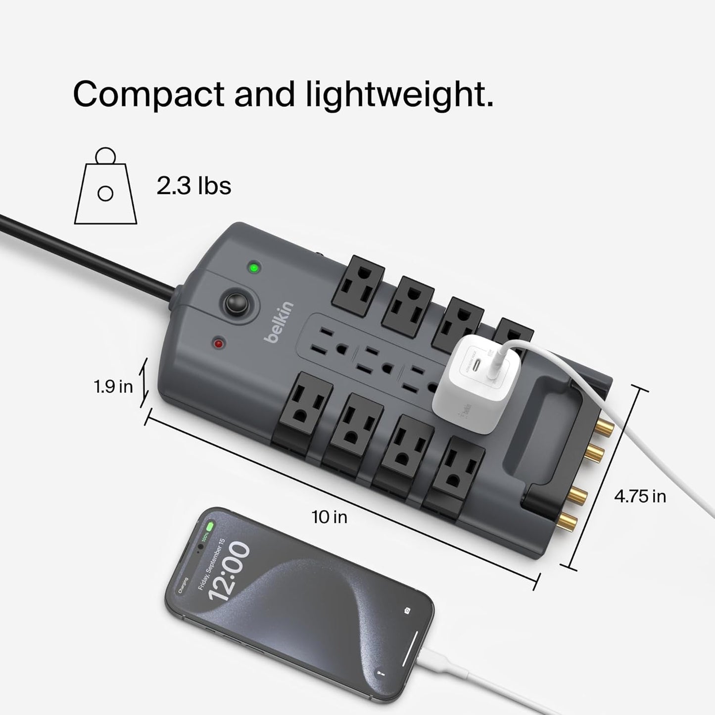 Belkin Surge Protector Power Strip w/ 8 Rotating & 4 Standard Outlets - 8ft Sturdy Extension Cord w/ Flat Pivot Plug for Home, Office, Travel, Desktop & Charging Brick - 4320 Joules of Protection