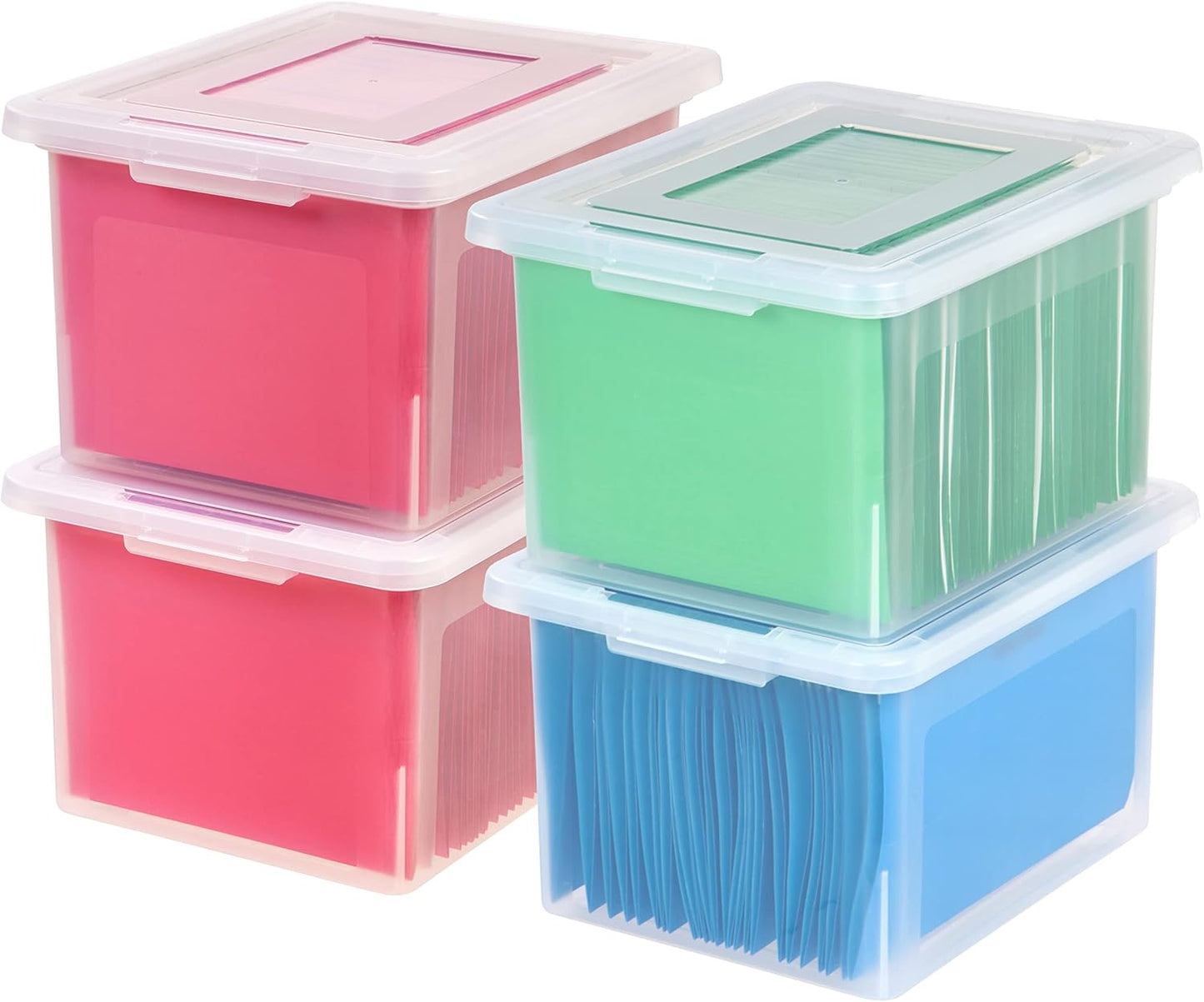 IRIS USA File Box Plastic File Organizer for Letter/Legal File, Document Box, Storage Bin Tote Organizer with Durable and Secure Latching Lid, Stackable, Nestable, BPA-Free, Clear 35 Qt. 4 Pack